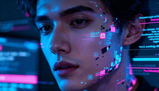 Gazing male coder scanning holographic facial ui with neon cyberpunk code overlay