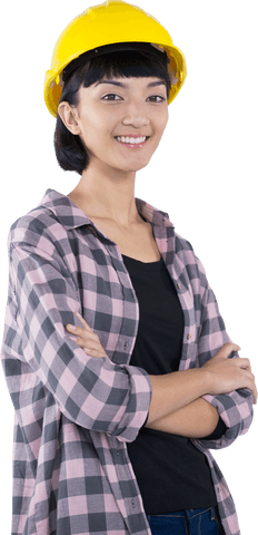 Confident Young Female Architect in Hardhat and Plaid Shirt on Transparent Background