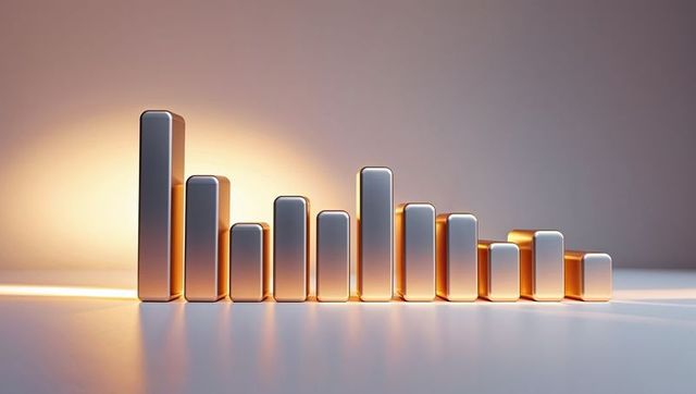 Eleven metallic bars with gold silver fade reflecting warm lighting