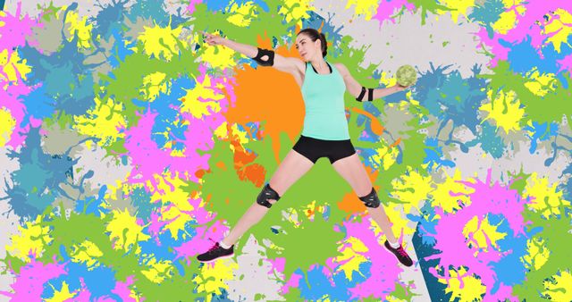 Dynamic female athlete actively playing handball with an energetic paint splatter background. Perfect for sports-themed marketing materials, fitness campaigns, and motivational posters, highlighting the excitement and activity of sports.