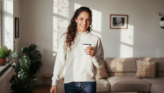 Smiling woman holding coffee in sunlit modern living room with plants