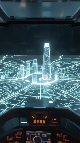 Vertical video featuring holographic city map scanning from cockpit HUD with glowing tower