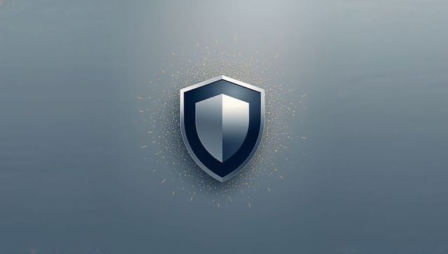 Glowing chrome shield emblem with gold sparks on muted blue-gray background