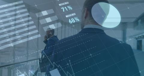 Business professionals analyzing digital interface and graphs