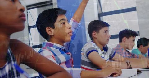 Diverse students engaged in modern tech-driven classroom