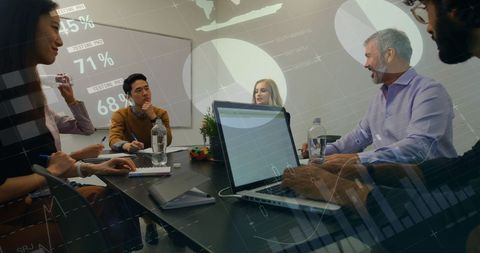 Diverse Team Analyzing Financial Data with Modern Technology Overlay