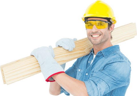happy carpenter wearing safety gear carrying wooden plank transparent background - Download Free Stock Videos Pikwizard.com