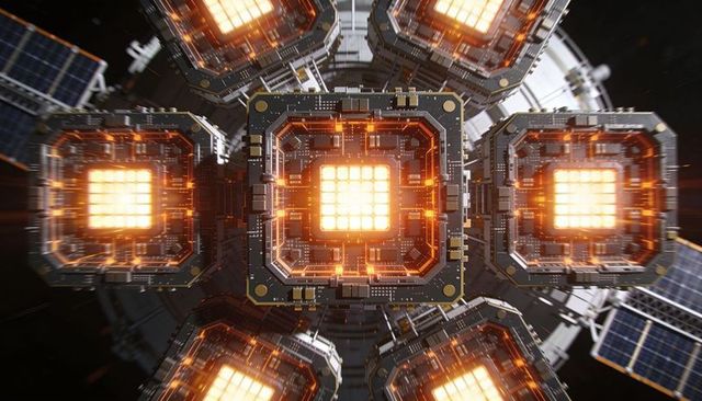 Pulsing Orbital Power Modules Emitting Orange Grid Light on High-Tech Space Hub, Solar Arrays