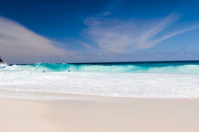 Serene Beach with Turquoise Waves and Clear Blue Sky - Download Free Stock Photos Pikwizard.com