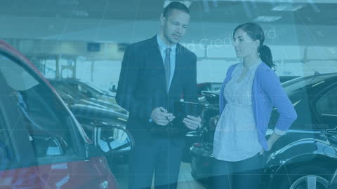 Business Consultation in Car Dealership with Digital Overlay