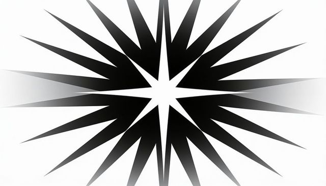 Monochrome radial starburst with tapered spikes and negative center star, geometric design