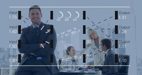 Confident executive sitting with arms crossed in modern meeting room with data overlay