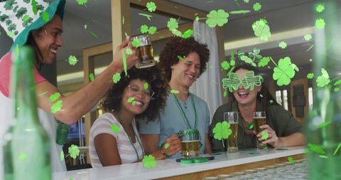 Joyful Friends Celebrating St. Patrick's Day with Green Beer and Decorations