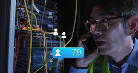 Korean it technician debugging server hardware with data overlays