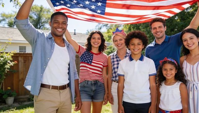 Multigenerational family holding large american flag in backyard showing patriotic joy