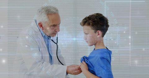 Doctor Examining Boy with Stethoscope in Futuristic Clinic