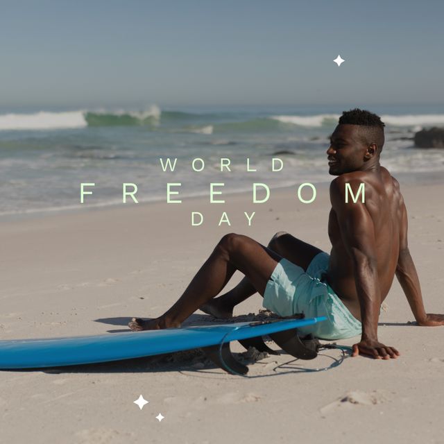 Image of world freedom day over african american man with surfboard on beach. Freedom, holidays and vacations concept.