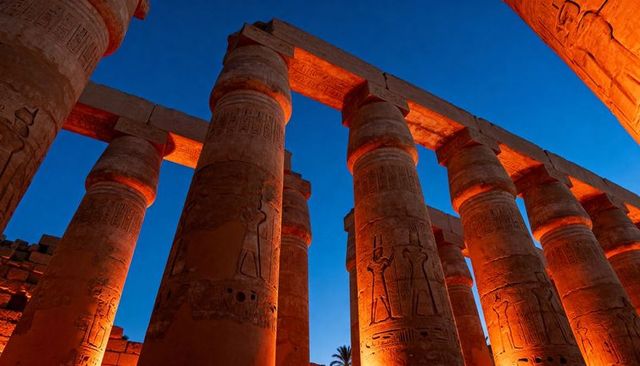 Ancient egyptian temple columns illuminating blue dusk with carved hieroglyph reliefs