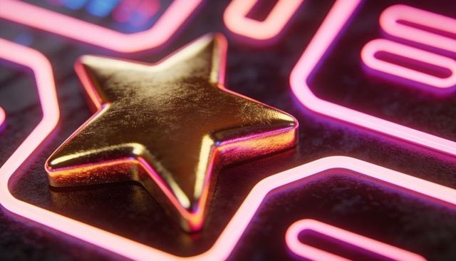 Glowing gold star emblem on neon grid, reflective metallic surface with pink glow