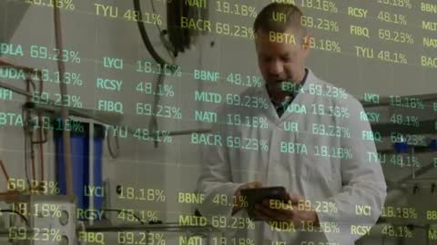 Scientist in Laboratory Analyzing Data on Tablet with Digital Overlay