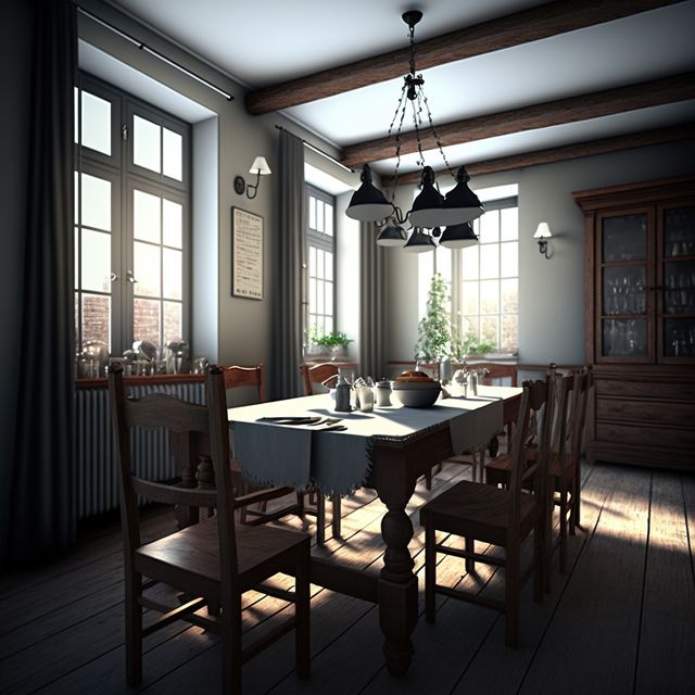 Dining room with table, chairs and large windows, created using generative ai technology. Transitional style house interior decor concept digitally generated image.