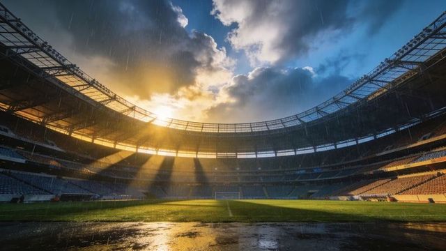 Golden sun casting through rain at empty football stadium reflecting on wet turf