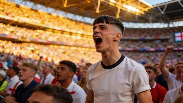 Passionate young fan shouting and cheering in sunlit stadium during england match