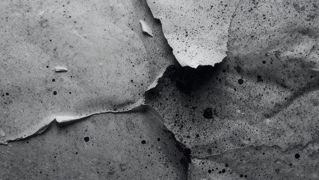 Peeling paint and weathered plaster texture in grayscale macro with torn layers