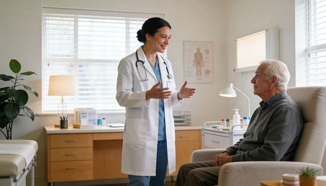 Female doctor explaining treatment to elderly patient in bright clinic consultation room