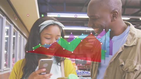 Couple Analyzing Financial Data on Smartphone in Supermarket