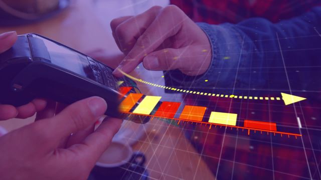 Overlay of data processing charts on credit card transaction illustrates modern financial technology. Useful for showcasing advances in fintech, digital payments, and cashless society concepts. Ideal for websites, articles, or advertisements related to finance, banking, digital payments, and technological innovations in commerce.