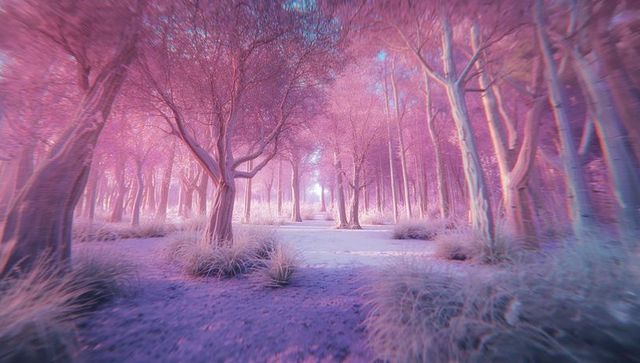 Enchanting forest with lavender trunks and ambient light