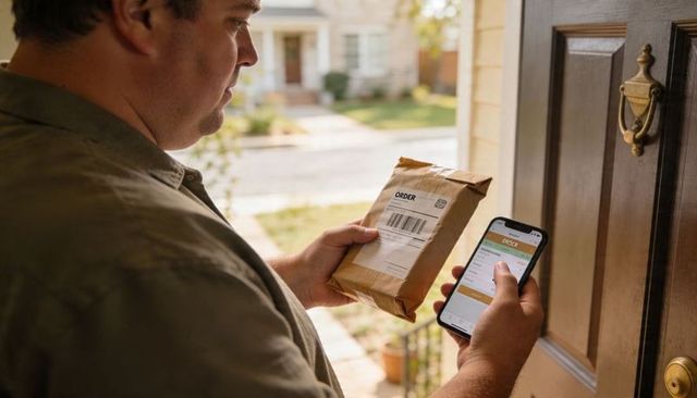 Man Checking Package Tracking on Smartphone at Front Doorstep with Parcel
