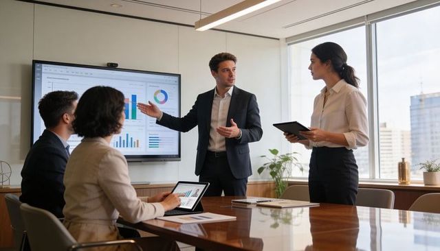 Executive presenting sales and analytics to team in modern boardroom with digital charts