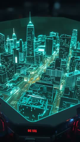 Cyber City Hologram Rotating on Projector Console, Pulsing Red Readout, Futuristic Vertical Video