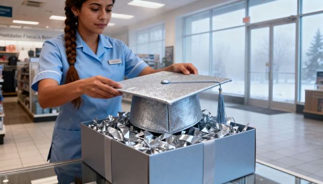 Retail clerk removing glittering silver graduation cap from gift box at shop counter