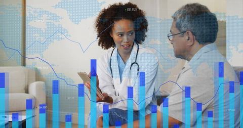 Doctor Consulting on Health Data with Digital Overlay Graphics