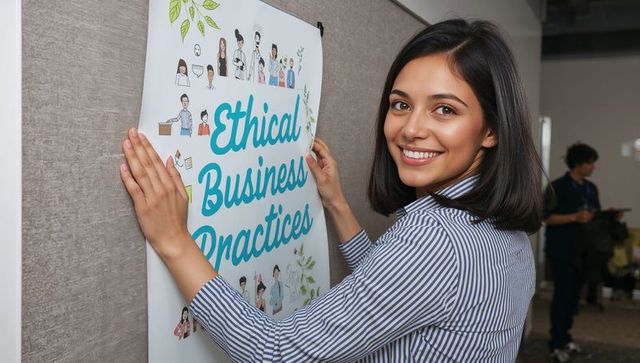 Smiling professional woman pinning ethical business practices poster on office board