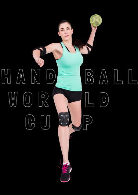 Female handball player in action about to throw the ball. Ideal for sports blogs, promotional material for handball events, athletic wear advertisements, and articles on international sports competitions. Highlights dynamic movement, strength, fitness, and competitive spirit. Suitable for illustrating women's participation in sports and international competitions.