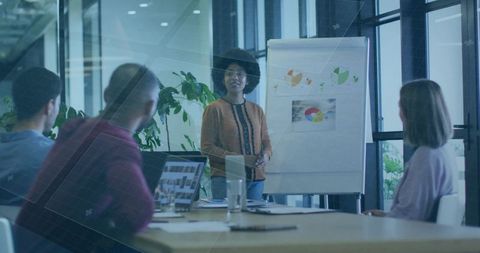 Woman presenting pie charts to team in glass conference room during leadership workshop
