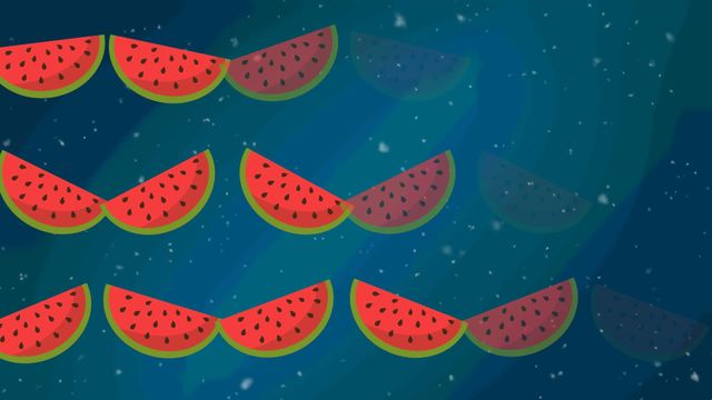 Geometric watermelon slices juxtaposed with falling snowflakes create a vibrant and surreal visual. The contrast between the fruit's summery pink and seeds, and the darkness of the backdrop suggests imagination and versatility. This can be used in digital designs focusing on healthy eating, seasonal covers, or unconventional backgrounds in arts and crafts projects.