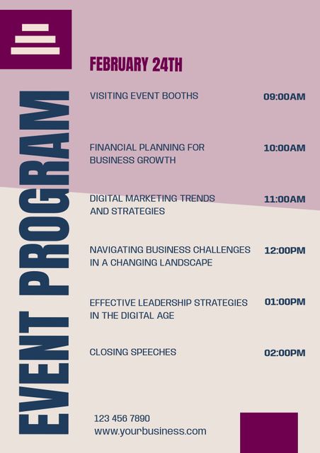 This event program shows the schedule for a business event taking place on February 24th. This is useful for attendees to plan their day, covering topics like financial planning, digital marketing, leadership strategies, and business growth. Ideal for promoting business events or conferences.