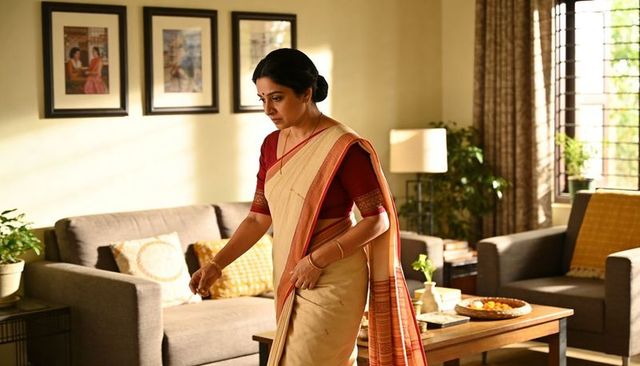 Woman walking in sunlit living room wearing cream saree and maroon blouse, serene home scene