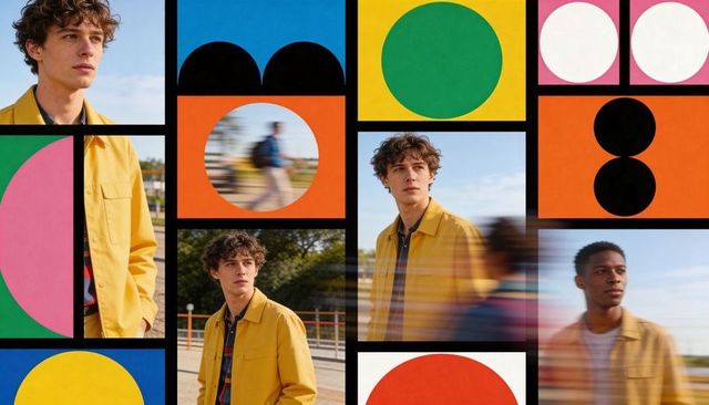 Curly-Haired Male Model Posing in Yellow Jacket Against Colorful Geometric Grid Collage