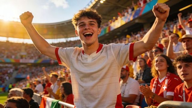 Cheering young male football fan raising arms in packed stadium wearing white red jersey