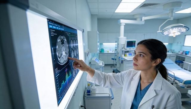 Doctor Pointing at Brain CT on Display in Operating Room Reviewing Neuroimaging Data