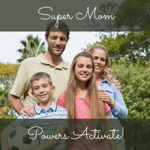 Family Smiling Together Outdoors with Text Overlay Celebrating Mother's Day