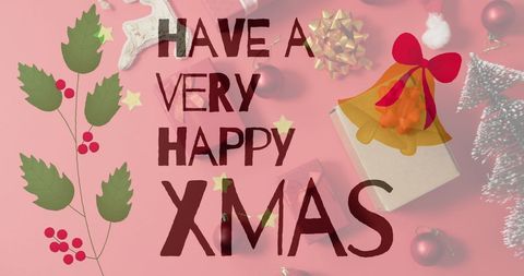 Festive Christmas Greeting with Bells, Leaves, and Gifts