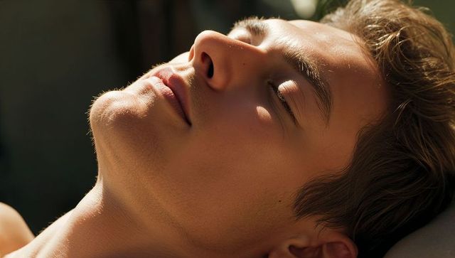 Sunlit young man resting eyes closed close-up headshot in warm morning light