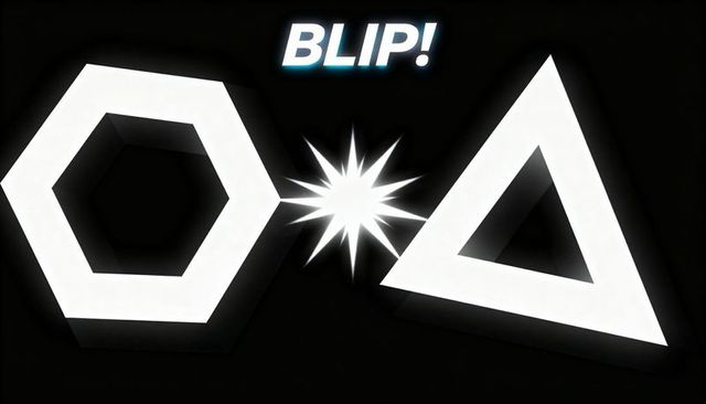 Neon hexagon and triangle colliding with central burst and blip! minimalist polygon glow